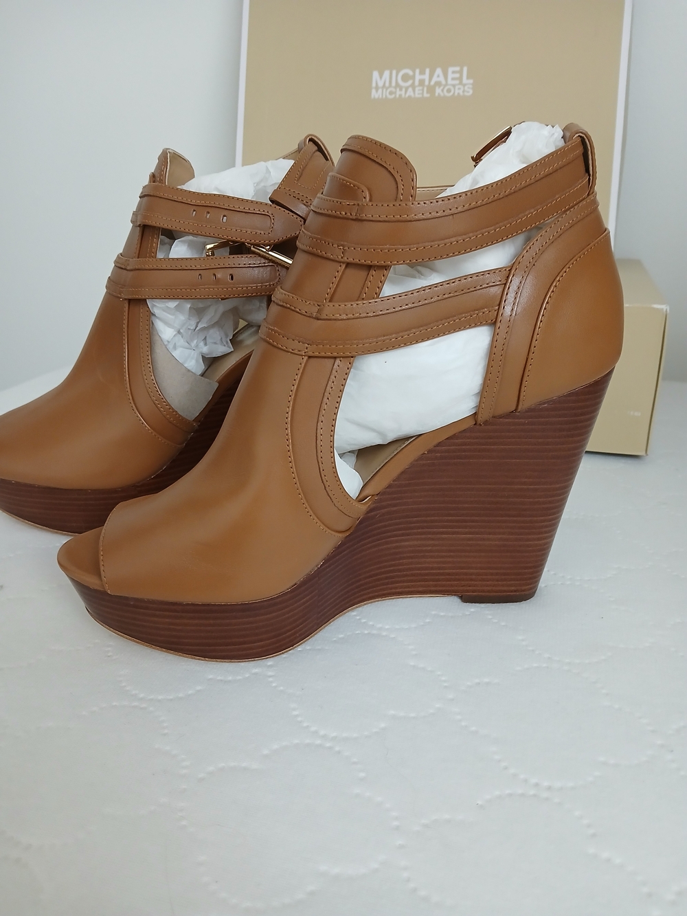 Michael Kors Cognac Leather Strappy Wedge Sandals - Picture 4 of 8